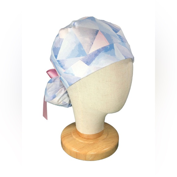 Nursing Scrub Cap with Ribbon Ponytail - Purple Pink Triangles - Picture 2 of 4